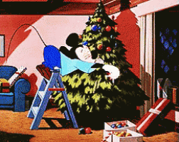 a cartoon of mickey mouse decorating a christmas tree in a living room