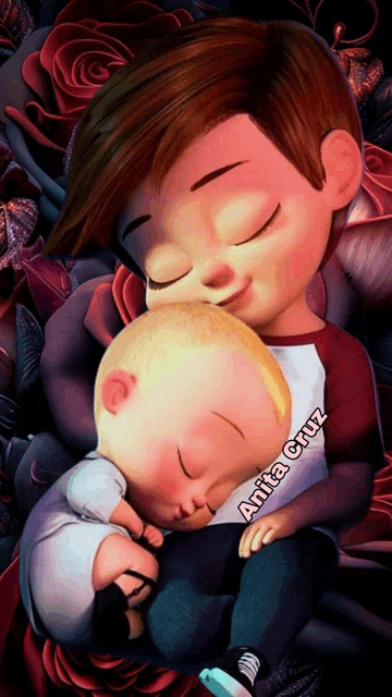 a cartoon of a boy holding a baby with anita cruz written on the bottom