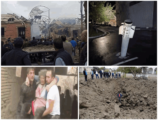 a collage of photos shows a destroyed building a man carrying another man and a broken pole