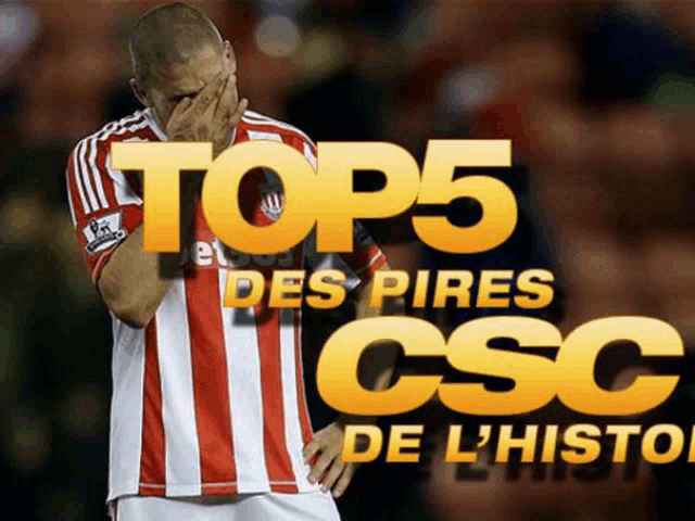 a man in a red and white striped shirt is covering his face in front of a sign that says top 5 des pires csc