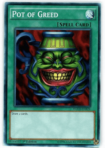 a card that says pot of greed with a picture of a pot on it