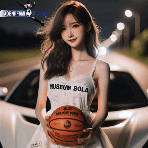 a woman in a museum bola shirt holding a basketball