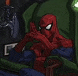 a cartoon of spider-man sitting in a chair with his hands on his face .