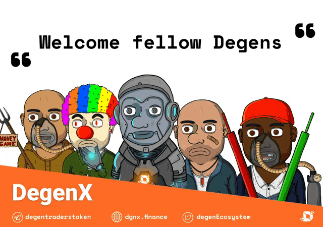 a group of cartoon characters are standing next to each other with the words welcome fellow degens above them