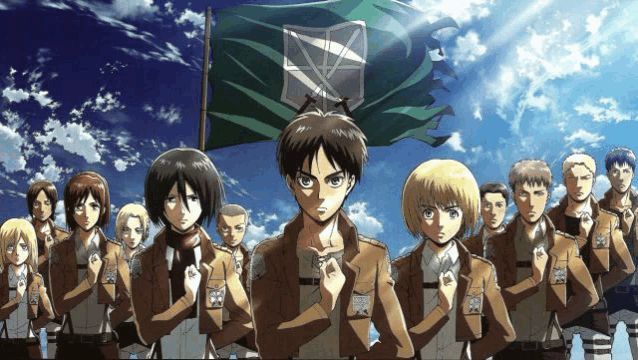 a group of anime characters stand in front of a flag