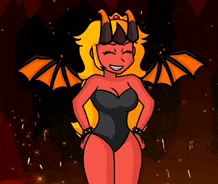 a cartoon of a woman in a black bodysuit with horns and wings .