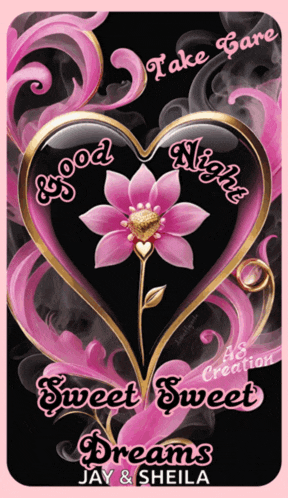 a heart with a pink flower inside of it that says good night sweet sweet dreams jay & sheila