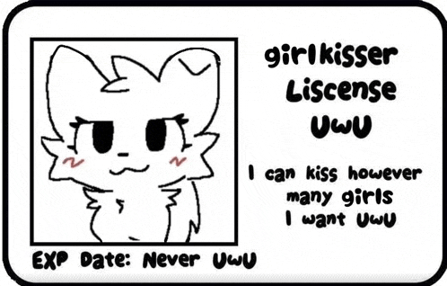 a drawing of a cat with the words `` girl kisser license uwu '' written on it .