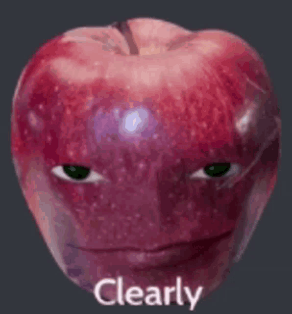 a red apple with a face on it and the word clearly below it