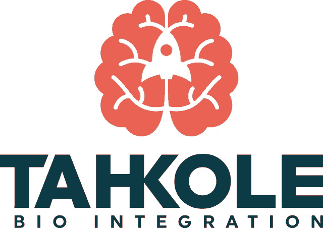 a logo for tahkole bio integration with a brain and a rocket in the middle