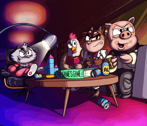 a group of cartoon characters sitting around a table with a game called the game 's game on it