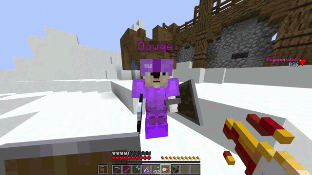 a person in purple armor is standing in a snowy area with a sign that says douge
