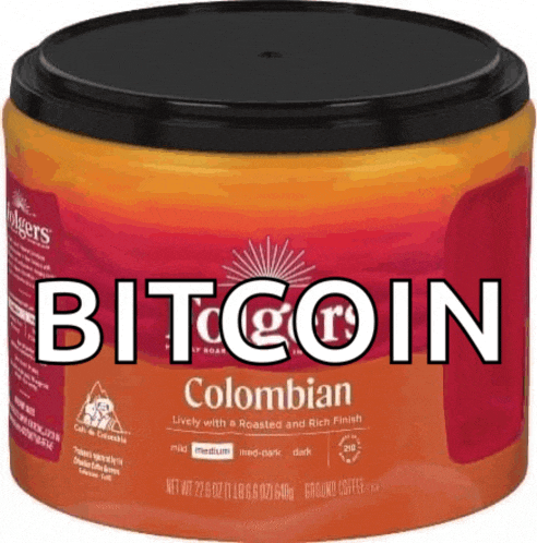 a jar of colombian ground coffee with the word bitcoin written on it