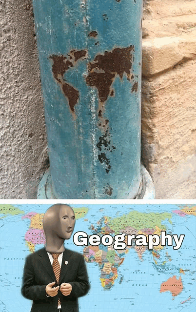 a man in a suit is standing next to a map of the world and the word geography