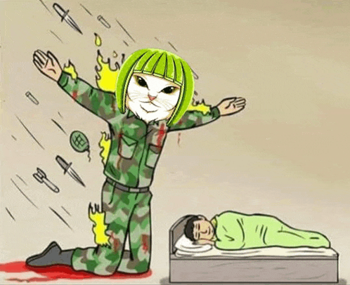 a cartoon of a cat in a military uniform kneeling down next to a man sleeping on a bed .