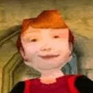 a close up of a cartoon character with red hair and a red shirt smiling .