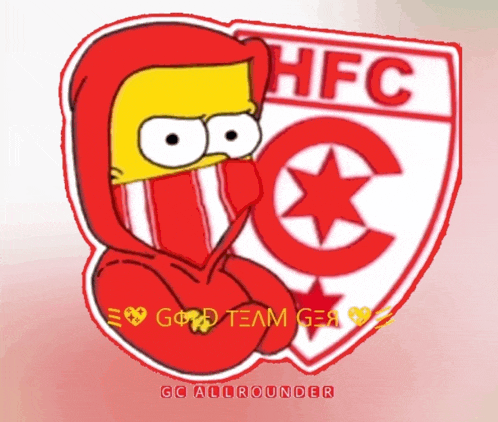 a cartoon of bart simpson wearing a red hoodie with the hfc logo in the background