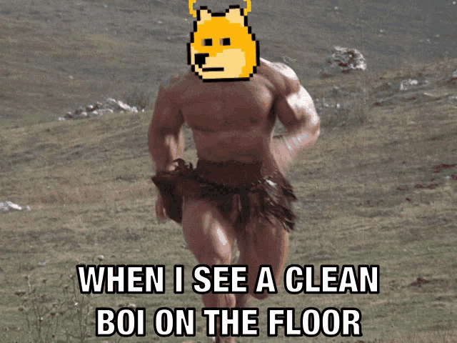 a picture of a man with a doge on his head and the caption when i see a clean boi on the floor