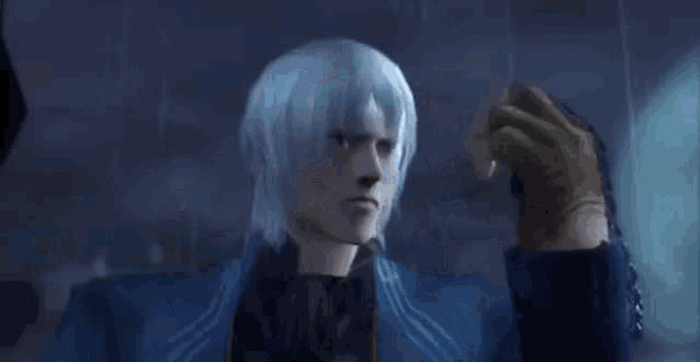 a man with white hair and a blue jacket is standing in the rain in a video game .