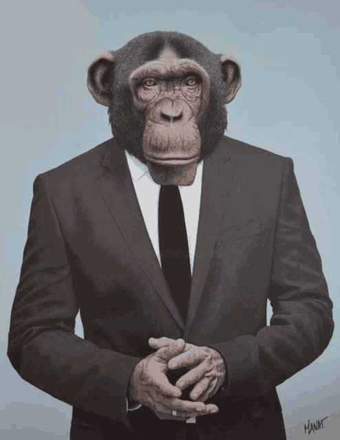 a painting of a chimpanzee wearing a suit and tie with the name manet on the bottom