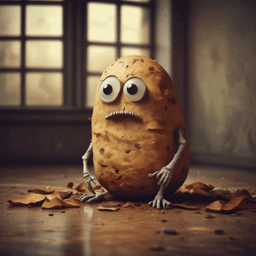 a potato with arms and legs is sitting on a wooden floor in front of a window