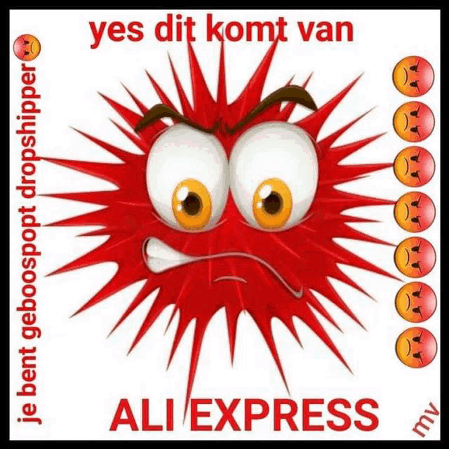 a cartoon illustration of a red star with a face and the words yes dit komt van ali express