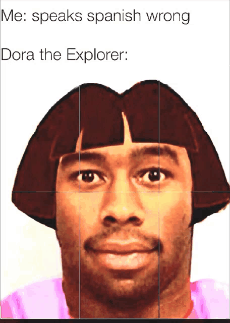 a picture of a man with a dora the explorer wig on