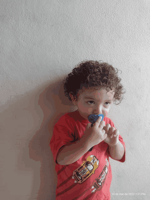 a young boy wearing a red shirt with cars on it