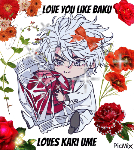 a picture of a boy with the words love you like baku and loves kari ume