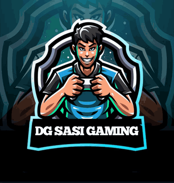 a logo for dg sasi gaming shows a man holding a controller