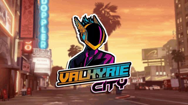 a video game called valkyrie city is displayed on a city street