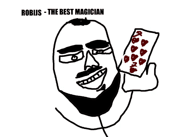 a drawing of a man holding a card with the words robus - the best magician below it