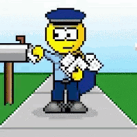 a pixelated cartoon of a mailman holding a bag of mail