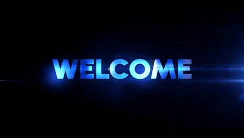 the word welcome is displayed in blue letters on a black background