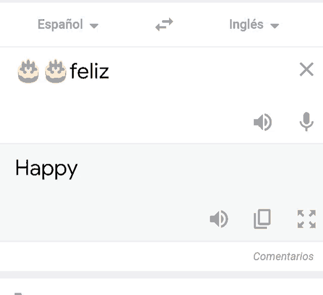 a screenshot of a google translate app that says feliz happy