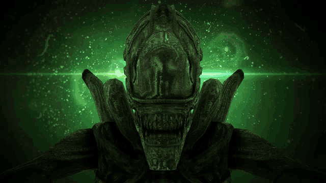 a close up of a green alien with a green background