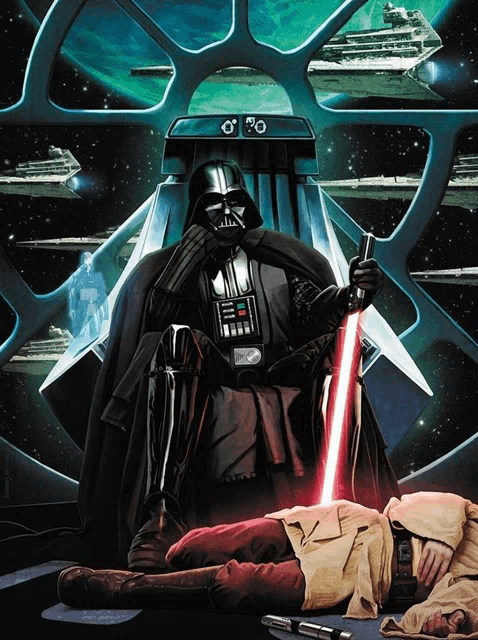 darth vader sits on a throne with a lightsaber in his hand