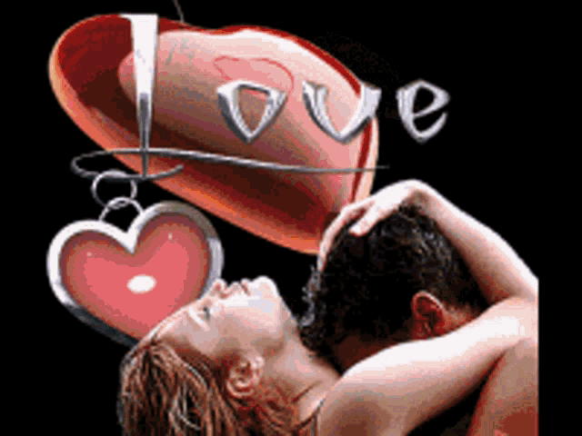 a man and a woman are kissing in front of a red heart with the word love written on it