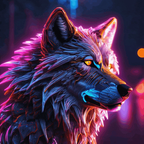 a colorful painting of a wolf with glowing eyes