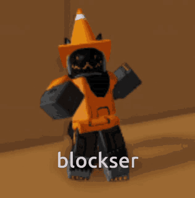 a robot wearing an orange cone hat with the word blockser written below it