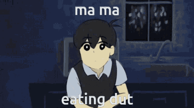 a cartoon of a person holding a knife in their mouth with the words ma ma eating dut below it