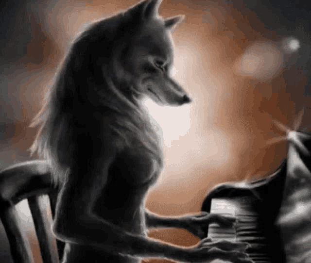 a wolf is playing a piano in a black and white photo .