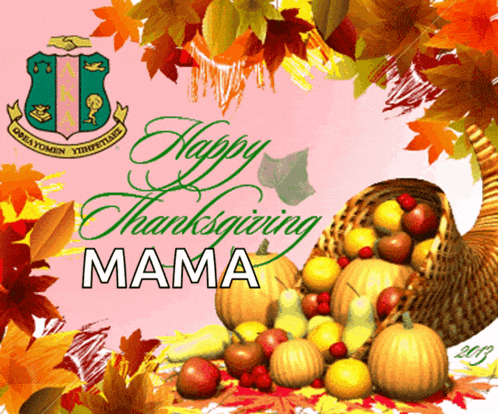 a happy thanksgiving mama greeting card with a cornucopia filled with fruit