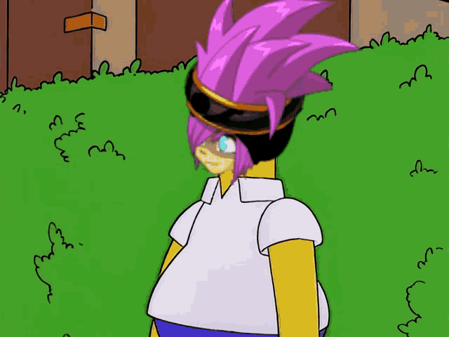 a cartoon character with purple hair and a white shirt