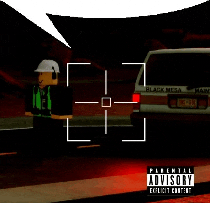 a parental advisory explicit content poster shows a man standing next to a black mesa van