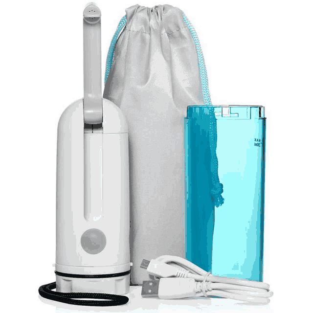 a white device with a blue container and a white bag