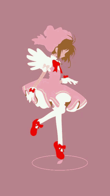 a girl in a pink dress and red shoes is standing on one leg