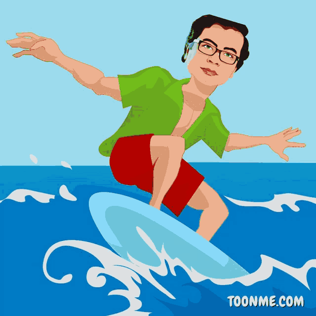 a cartoon of a man riding a surfboard with the website toonme.com below