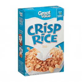 a box of great value crisp rice cereal with milk pouring out of it