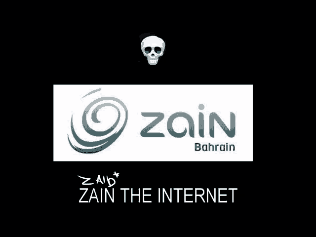 a logo for zain bahrain with a skull and the words zain the internet below it